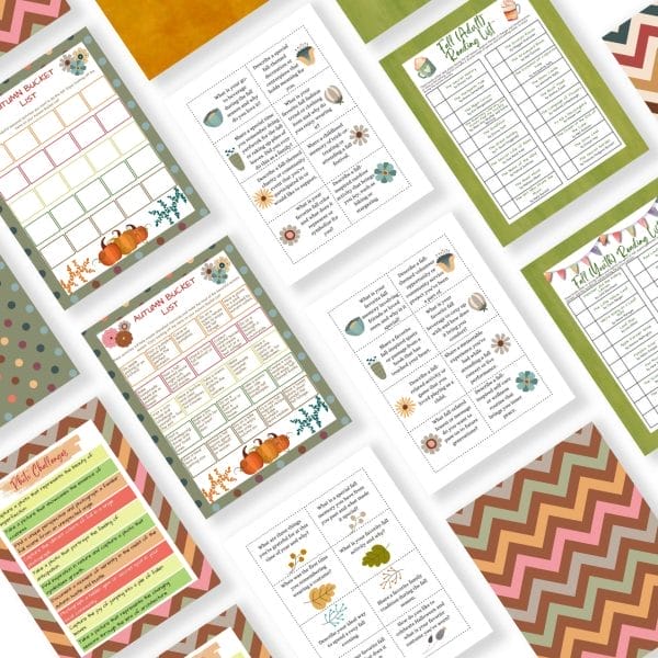 A flat lay of colorful autumn-themed sheets from "Falling for Fun: a Family Fun Printables Bundle," including bucket lists, bingo cards, and activity lists decorated with pumpkins, leaves, and warm seasonal patterns. Ideal for fall opt-ins!.