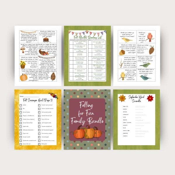 Falling for Fun: a Family Fun Printables Bundle offers six fall-themed activity sheets with scavenger hunts, reading lists, word scrambles, and cute autumn designs—perfect cozy printables for families seeking colorful, seasonal fun together.