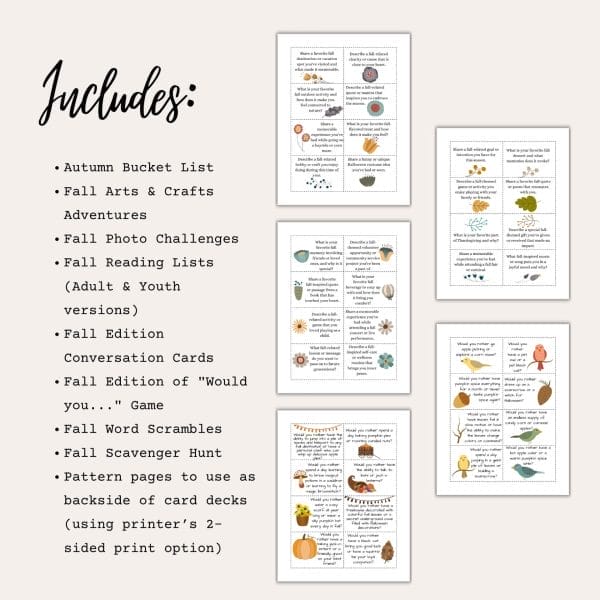A list of autumn activities appears beside five small preview images of printable card decks with seasonal art and text. "Includes:" is in a decorative font at the top—ideal for families enjoying Falling for Fun: a Family Fun Printables Bundle.